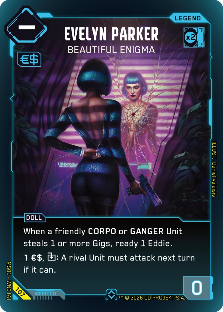 Evelyn Parker – Beautiful Enigma – Cyberpunk TCG карта #107 от Welcome to Night City
