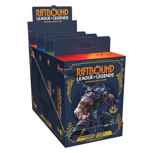 Riftbound Legacy Champion Deck Display с 4 тестета — Tryndamere, Ashe, Garen и Lux