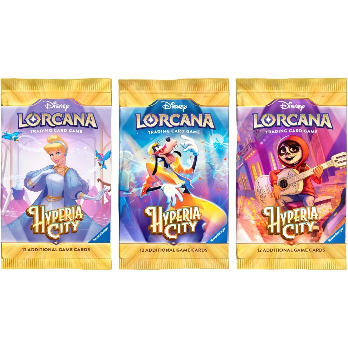 Трите арта на бустер пакетите от Disney Lorcana Hyperia City — Пепеляшка, Goofy и Miguel