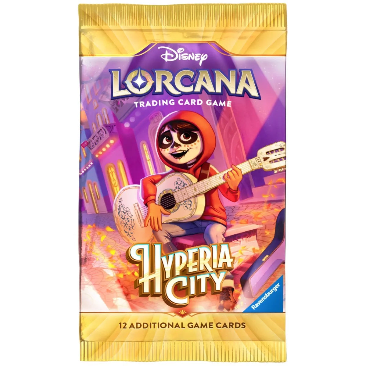 Disney Lorcana Hyperia City бустер пакет с Miguel от Coco с китара — 12 допълнителни карти