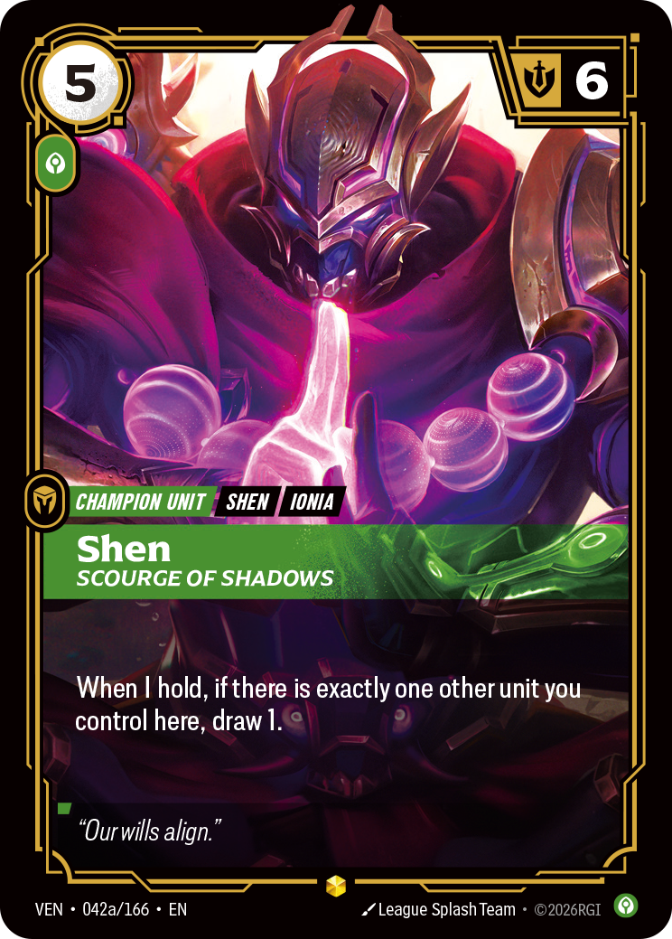 Shen, Scourge of Shadows Showcase – Riftbound: League of Legends карта от Vendetta (VEN-042a)