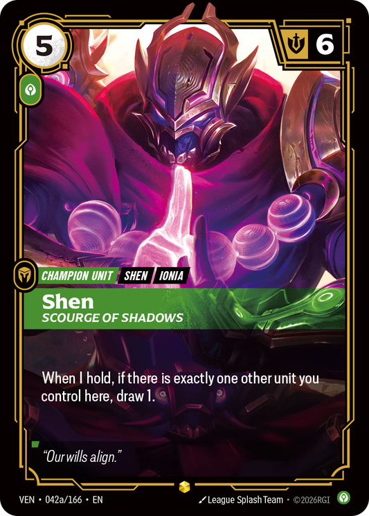 Shen, Scourge of Shadows Showcase – Riftbound: League of Legends карта от Vendetta (VEN-042a)