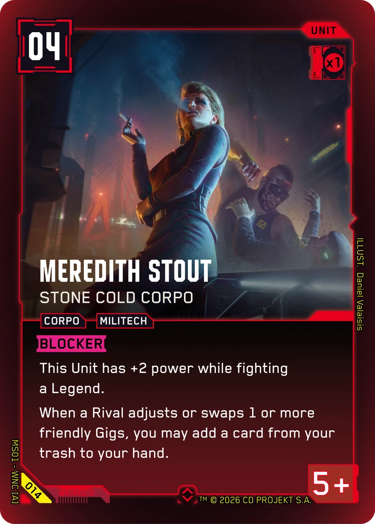 Meredith Stout – Stone Cold Corpo – Cyberpunk TCG карта #014 от Welcome to Night City