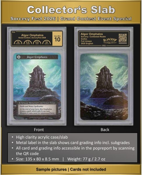 PCG Collector's Slab – спецификации: акрилен слаб 135×80×8.5 мм, метален етикет с подоценки, QR към popreport