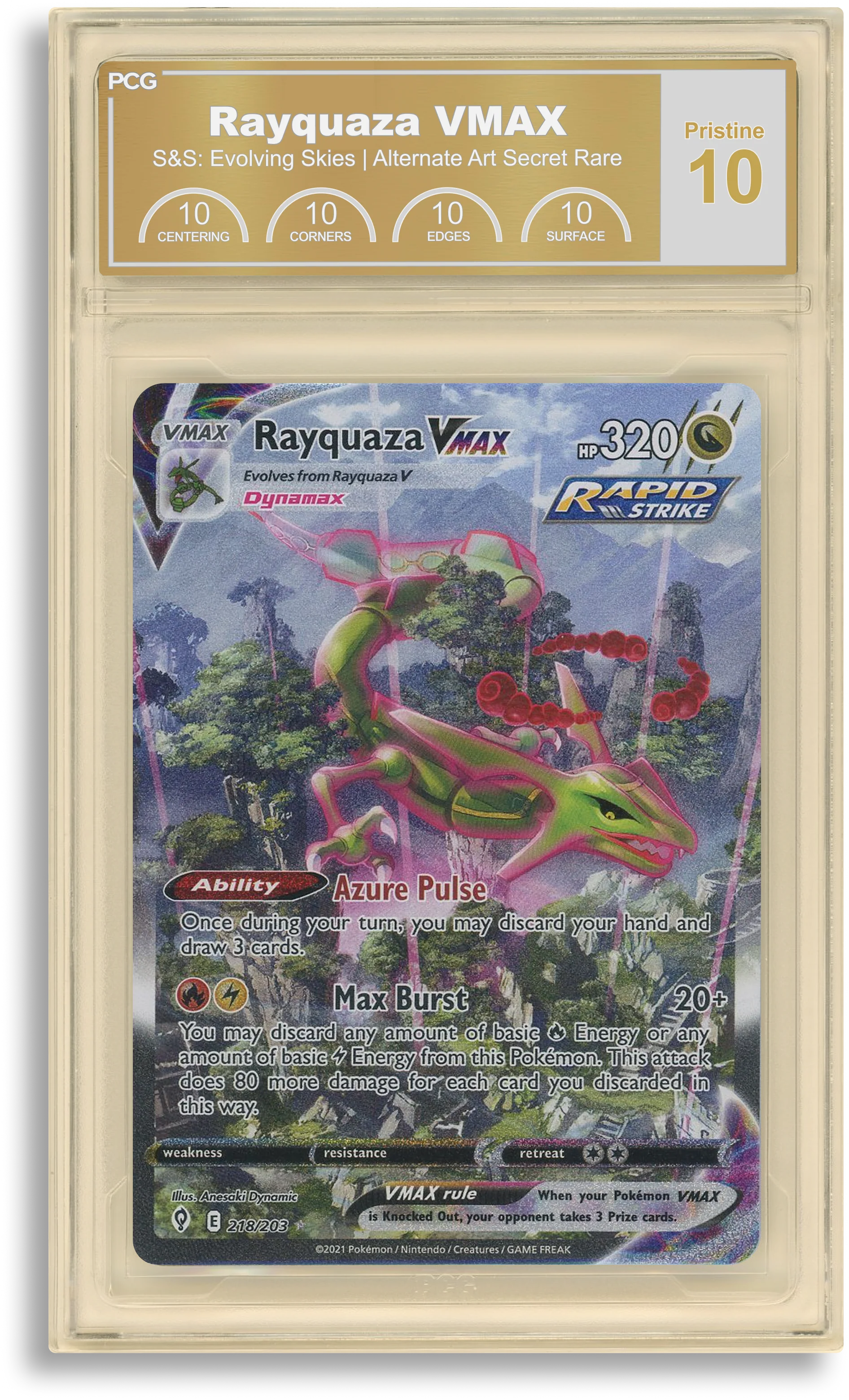 PCG Pristine 10 – Rayquaza VMAX Alternate Art, оценена карта в защитен слаб от Premier Card Grading