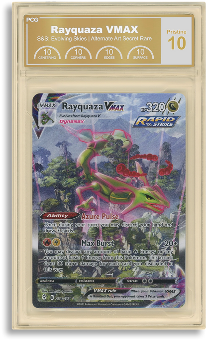 PCG Pristine 10 – Rayquaza VMAX Alternate Art, оценена карта в защитен слаб от Premier Card Grading