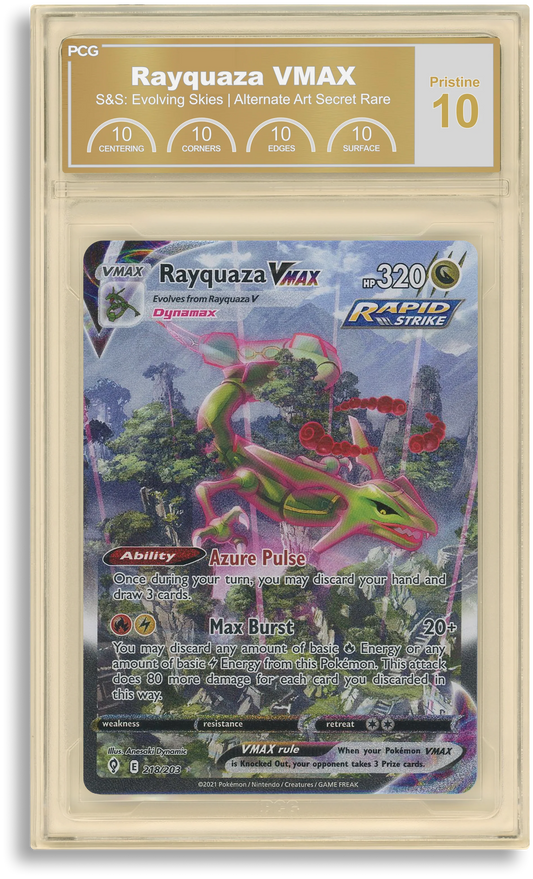 PCG Pristine 10 – Rayquaza VMAX Alternate Art, оценена карта в защитен слаб от Premier Card Grading